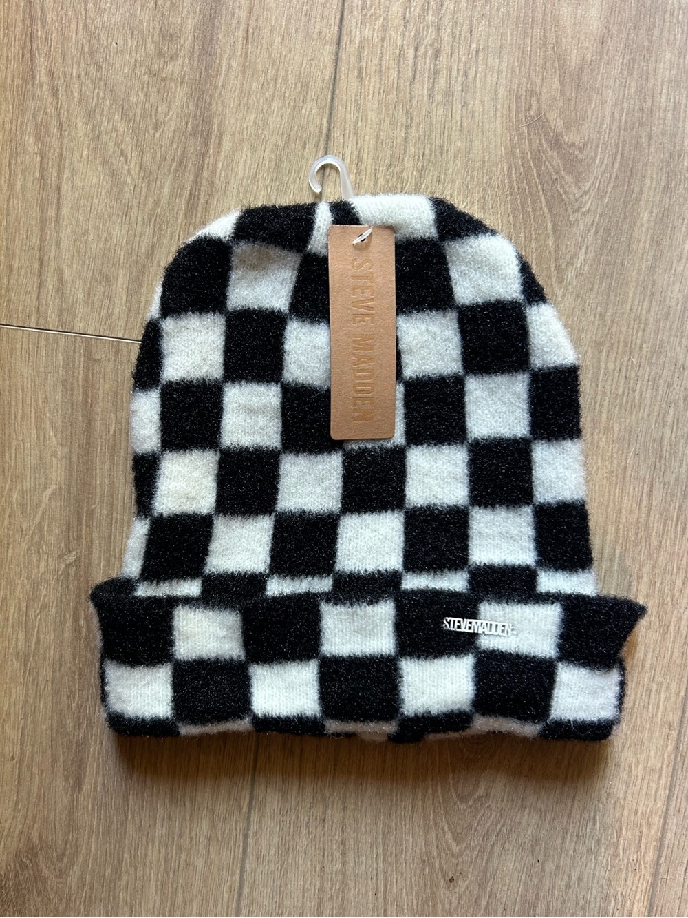 Steve Madden Black & White Checkered Knit Beanie